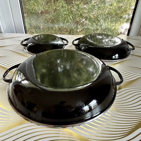 Vintage Mid Century Modern Emo Celje Double Handled Enamel Sauté Pans Set of 3 - Picture 8 of 16